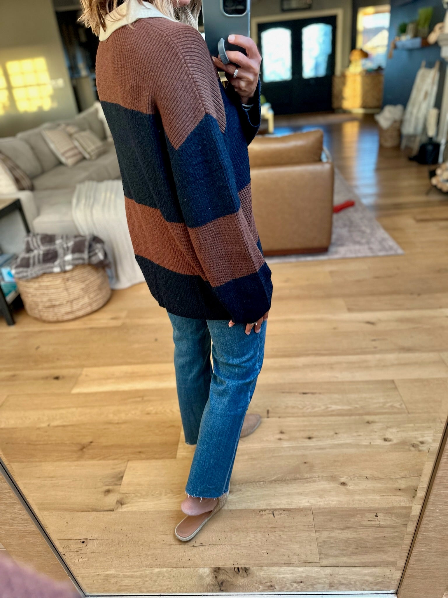 Game Over Collared Wide-Strip Knit-sweater-Blu Pepper-Anna Kaytes Boutique, Women's Fashion Boutique in Grinnell, Iowa