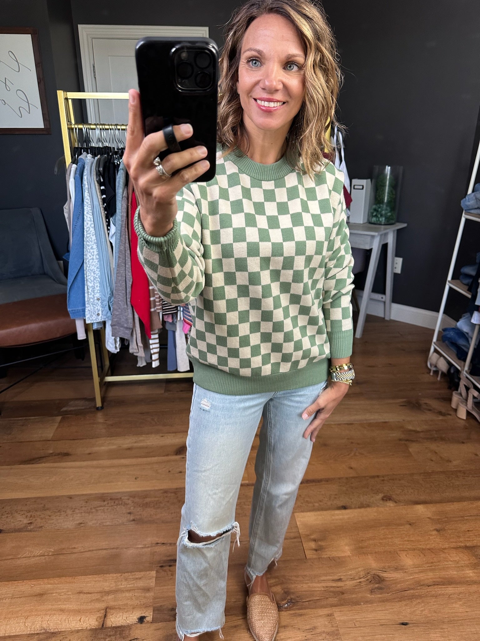 Clear Slate Checkered Crew Sweater - Dark Mint-Staccato-Anna Kaytes Boutique, Women's Fashion Boutique in Grinnell, Iowa