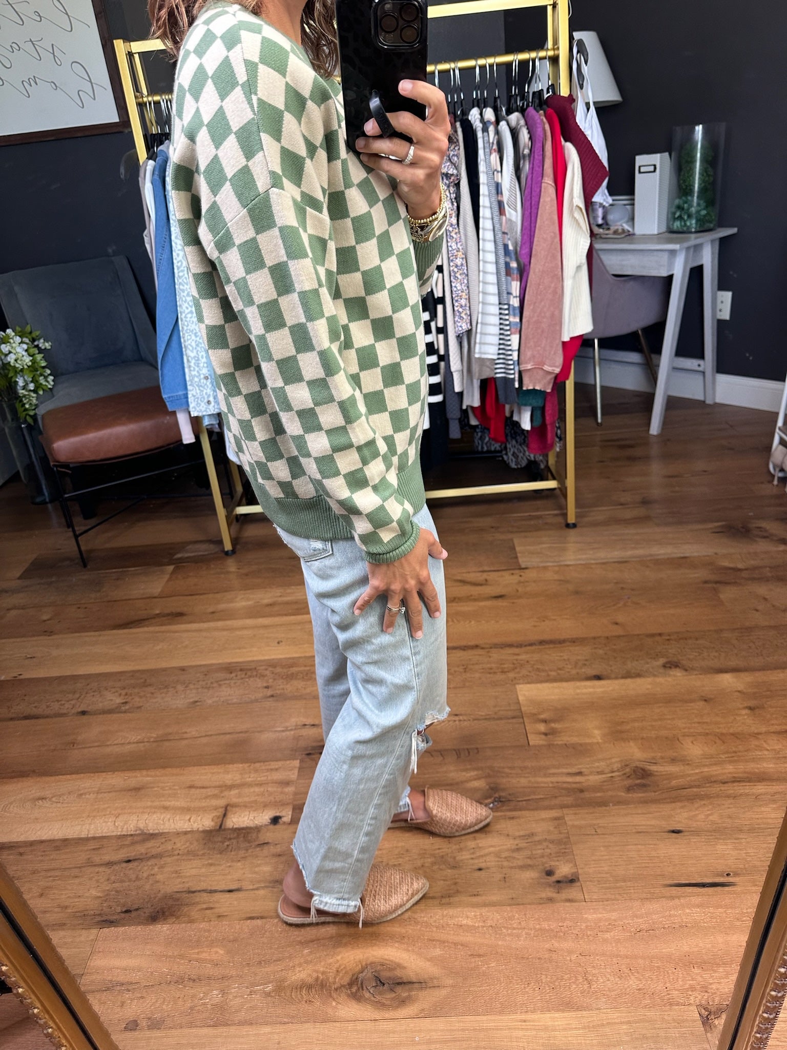 Clear Slate Checkered Crew Sweater - Dark Mint-Staccato-Anna Kaytes Boutique, Women's Fashion Boutique in Grinnell, Iowa