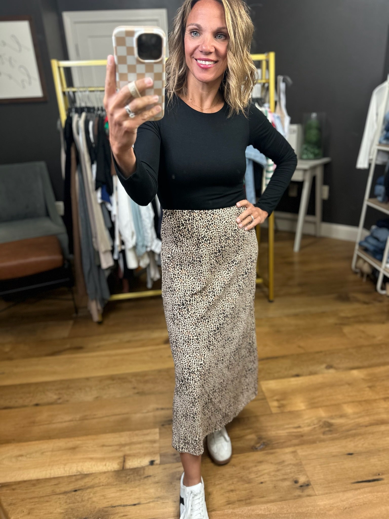 **Obvious Reasons Leopard Straight Midi Skirt - Brown-Skirts-Be Cool-Anna Kaytes Boutique, Women's Fashion Boutique in Grinnell, Iowa