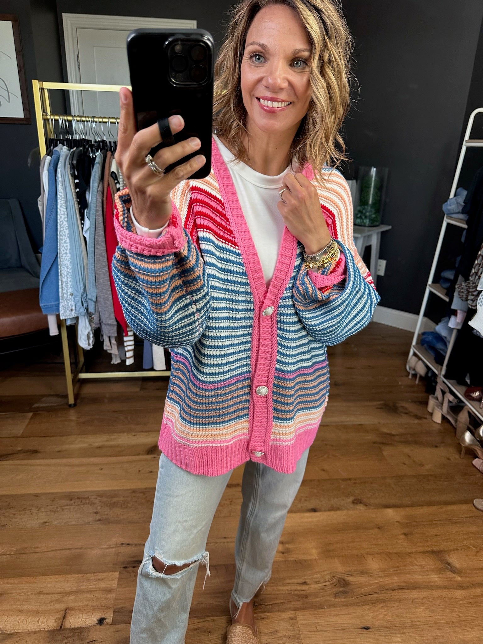 Love You More Striped Knit Cardigan - Pink/Blue-Bibi IT167SR-01-Anna Kaytes Boutique, Women's Fashion Boutique in Grinnell, Iowa