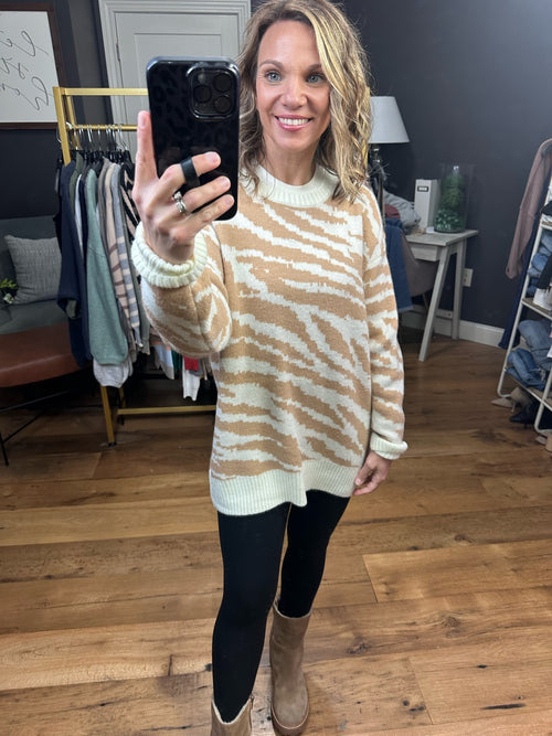 Reason To Stay Patterned Tunic Sweater - Taupe/Cream-Sweaters-Jodifl H10250-Anna Kaytes Boutique, Women's Fashion Boutique in Grinnell, Iowa