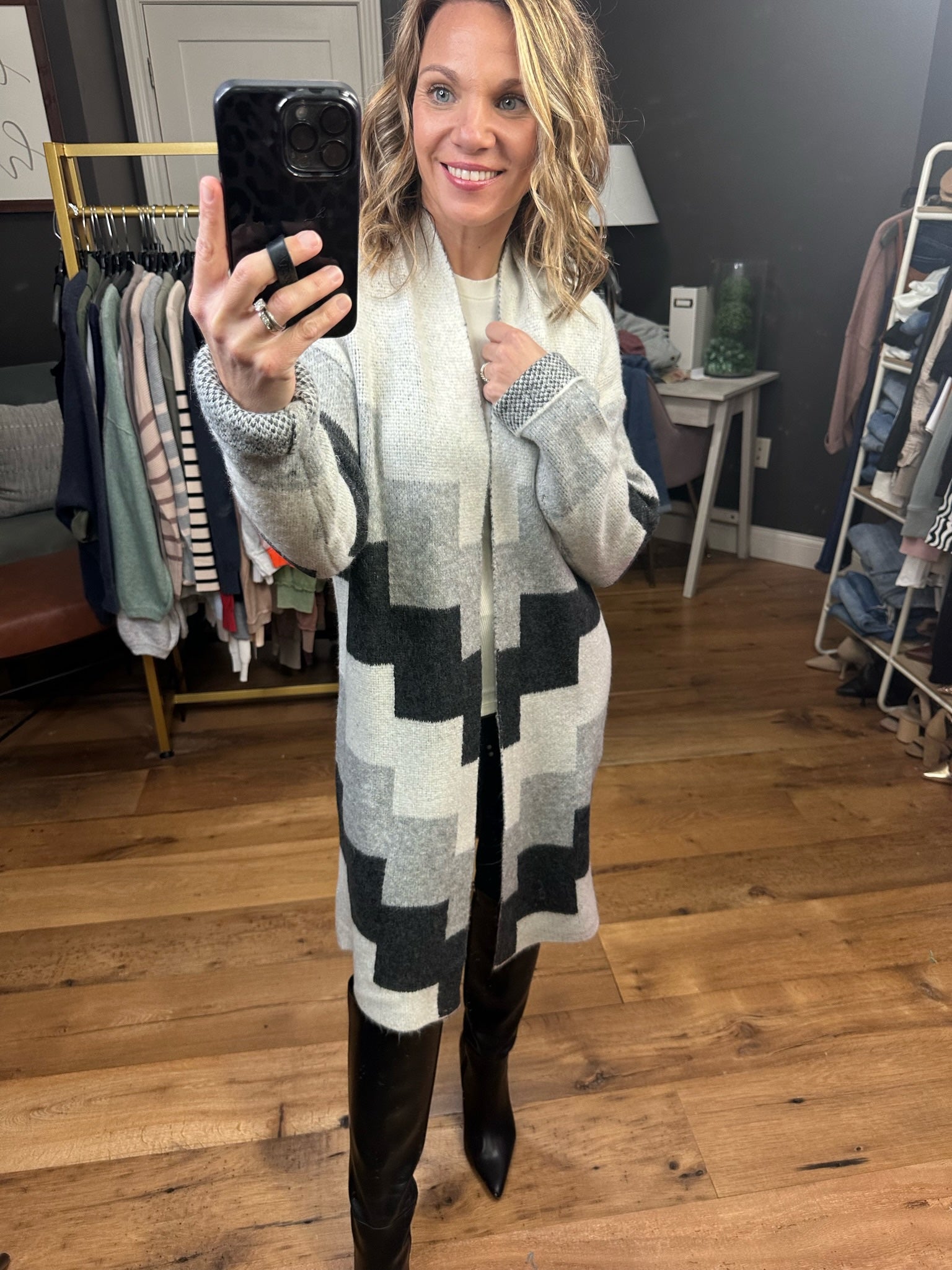 Piece By Piece Colorblock Cardigan Sweater - Black/Grey Multi-Cardigans-Doe & Rae 10158J-Anna Kaytes Boutique, Women's Fashion Boutique in Grinnell, Iowa