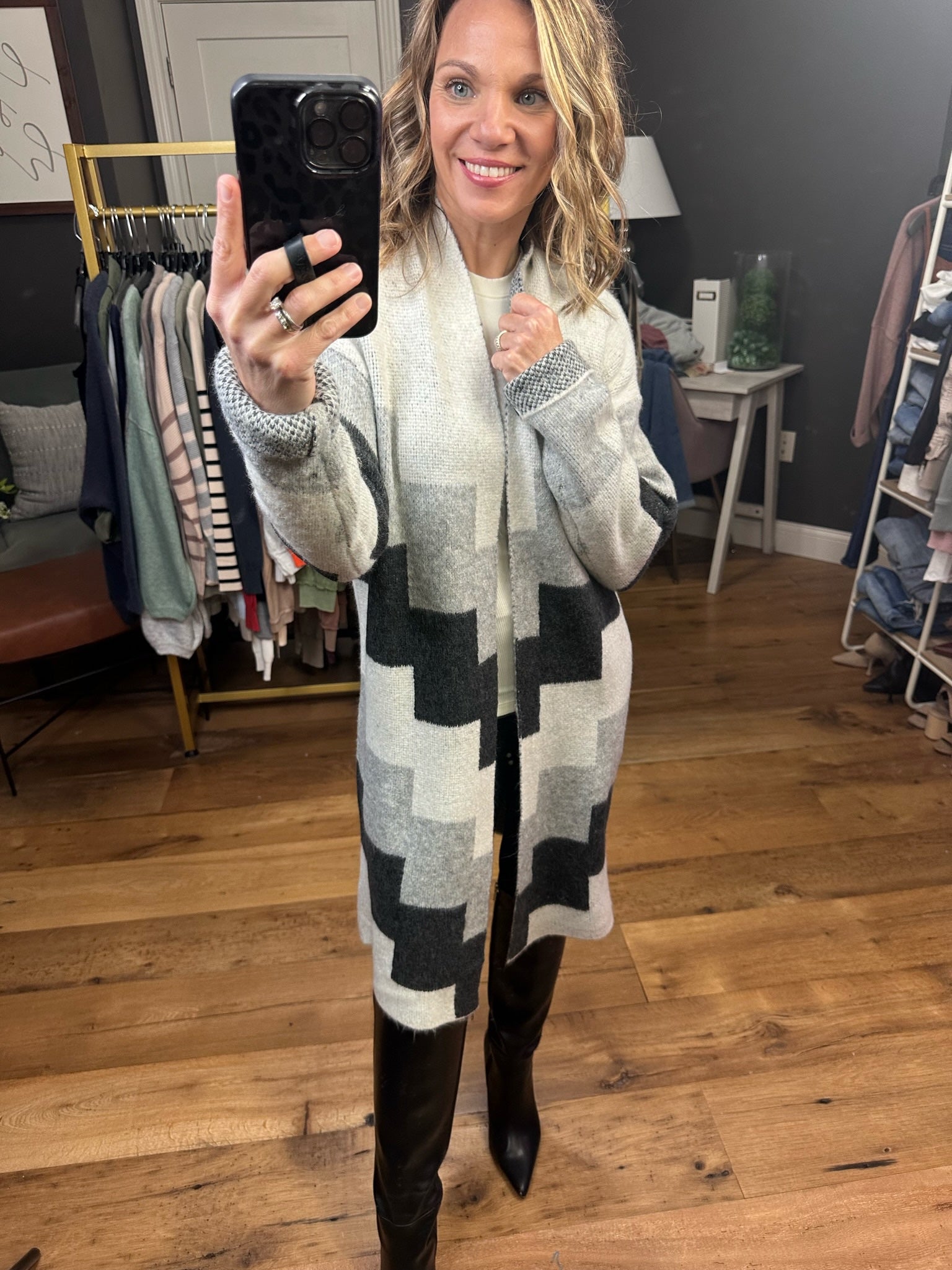 Piece By Piece Colorblock Cardigan Sweater - Black/Grey Multi-Cardigans-Doe & Rae 10158J-Anna Kaytes Boutique, Women's Fashion Boutique in Grinnell, Iowa