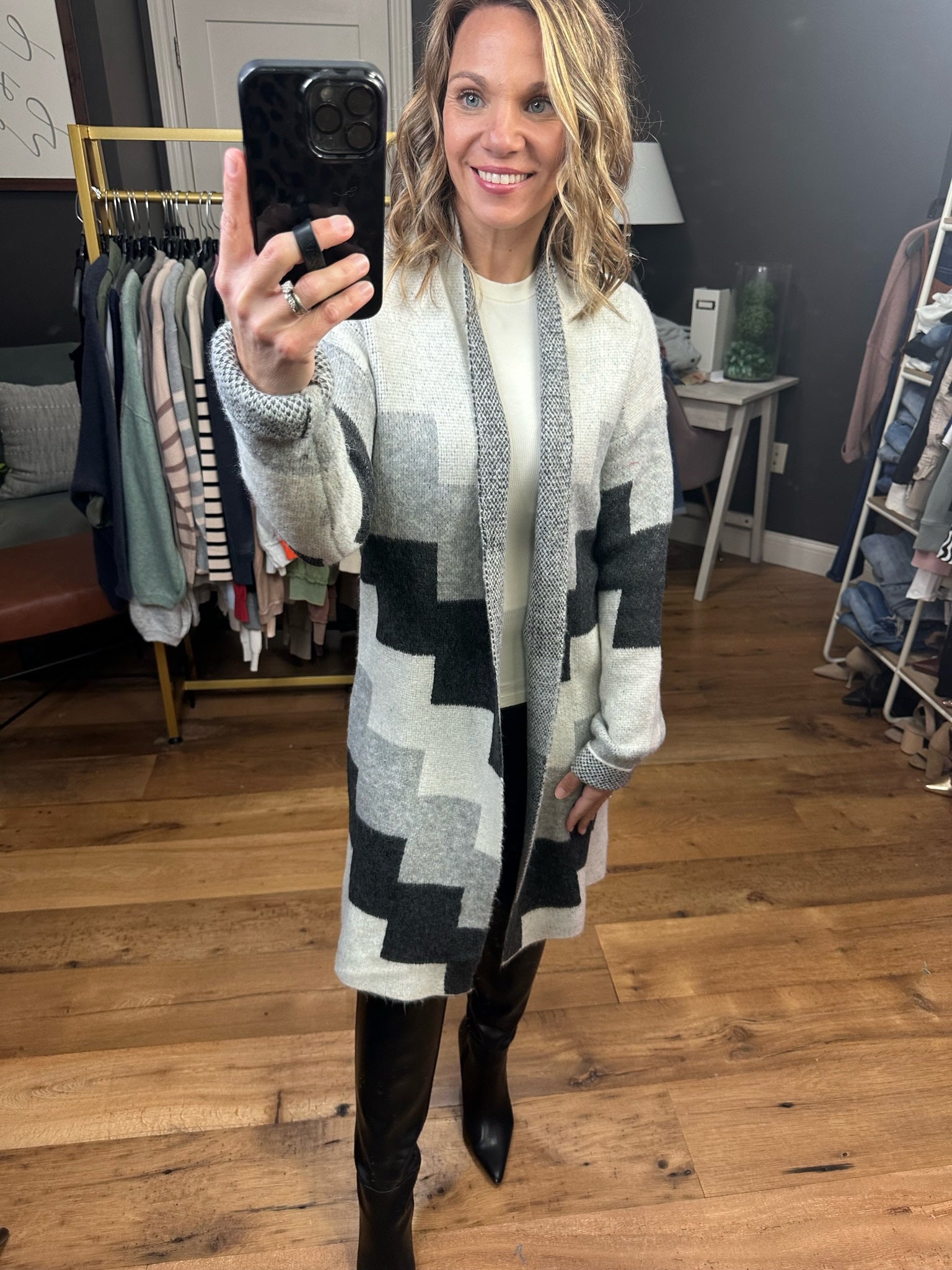 Piece By Piece Colorblock Cardigan Sweater - Black/Grey Multi-Cardigans-Doe & Rae 10158J-Anna Kaytes Boutique, Women's Fashion Boutique in Grinnell, Iowa