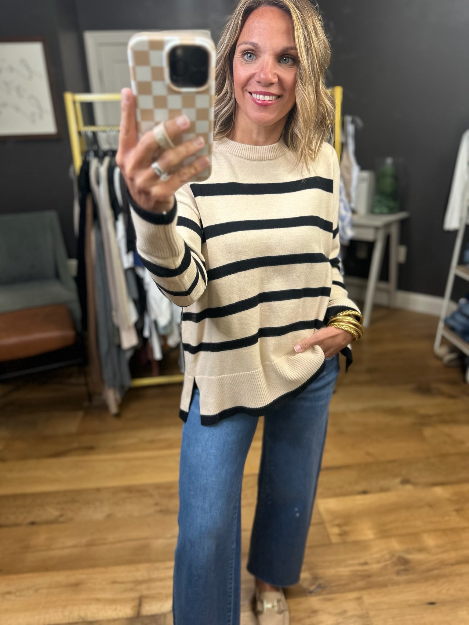 Ins and Outs Striped Sweater - Almond-Stacato-Anna Kaytes Boutique, Women's Fashion Boutique in Grinnell, Iowa