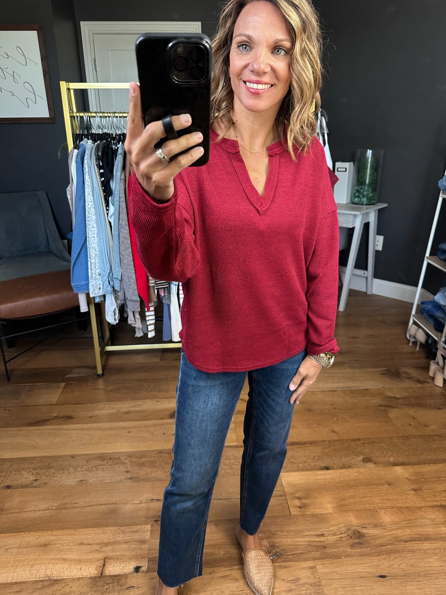 Lead The Way Textured V-Neck Long Sleeve Top - Multiple Options-Blu Pepper-Anna Kaytes Boutique, Women's Fashion Boutique in Grinnell, Iowa