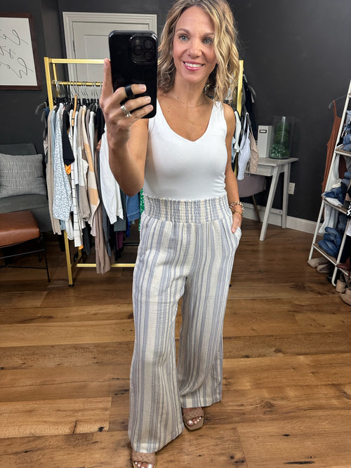 Here & Now Cotton Stripe Pants - Slate Blue-Pants-Be Cool-Anna Kaytes Boutique, Women's Fashion Boutique in Grinnell, Iowa