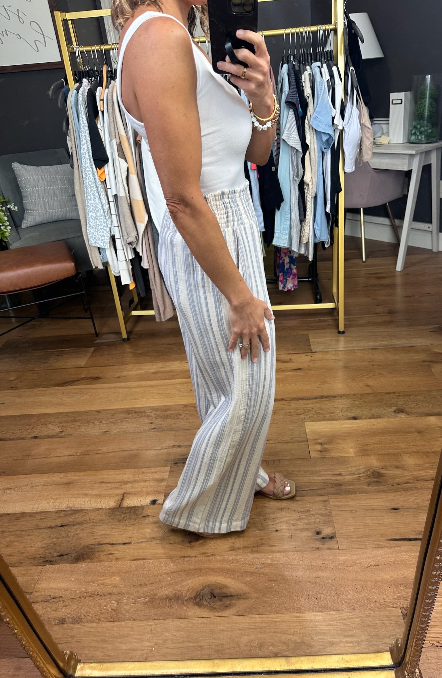 Here & Now Cotton Stripe Pants - Slate Blue-Pants-Be Cool-Anna Kaytes Boutique, Women's Fashion Boutique in Grinnell, Iowa