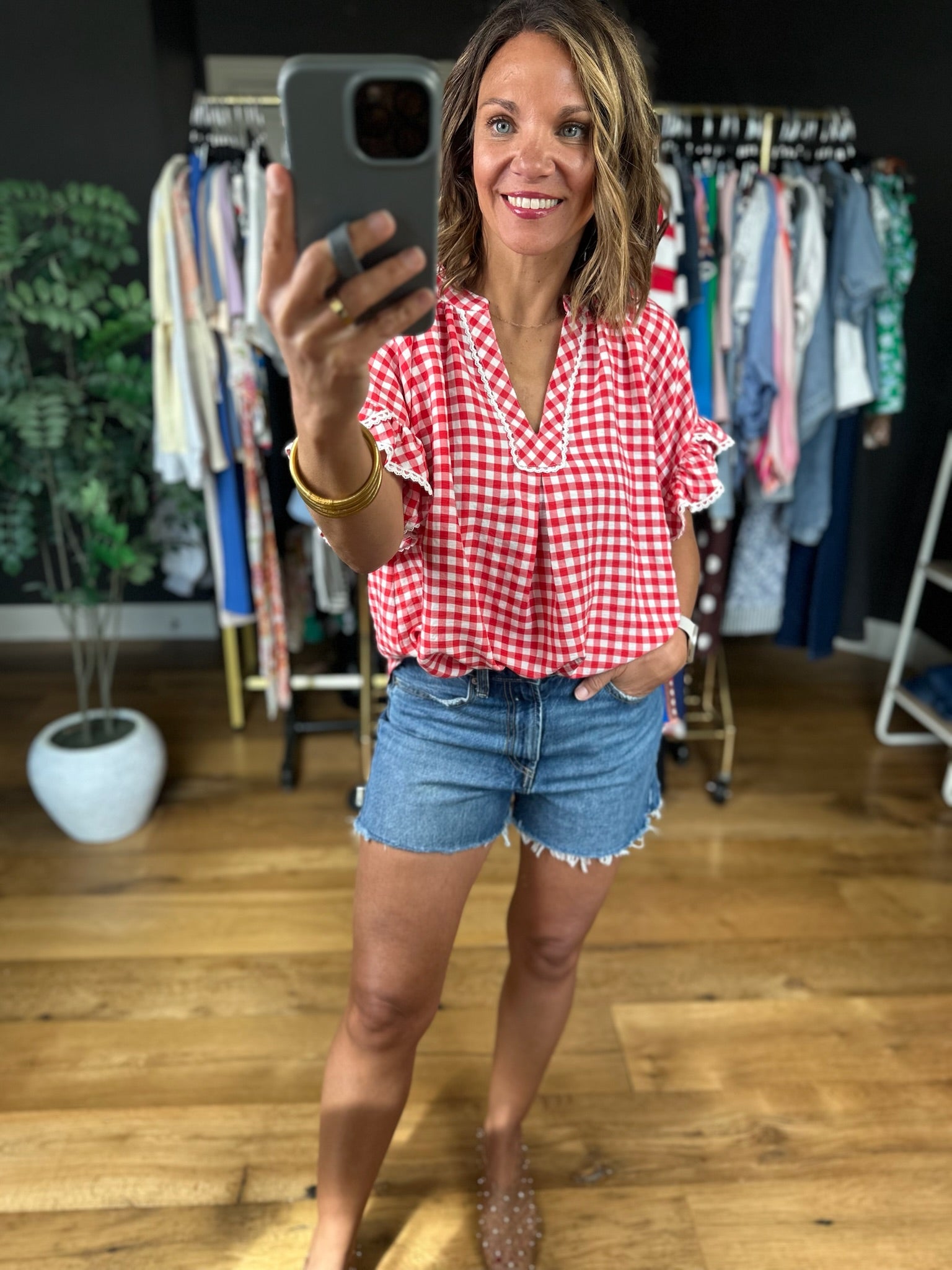 Picnic In The Park Gingham Top-Short Sleeves-Umgee-Anna Kaytes Boutique, Women's Fashion Boutique in Grinnell, Iowa