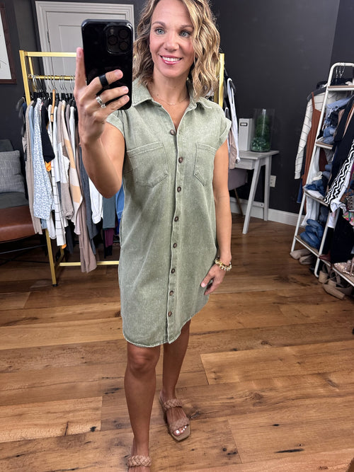 Darling Denim Button-Down Dress - Olive-She & Sky-Anna Kaytes Boutique, Women's Fashion Boutique in Grinnell, Iowa