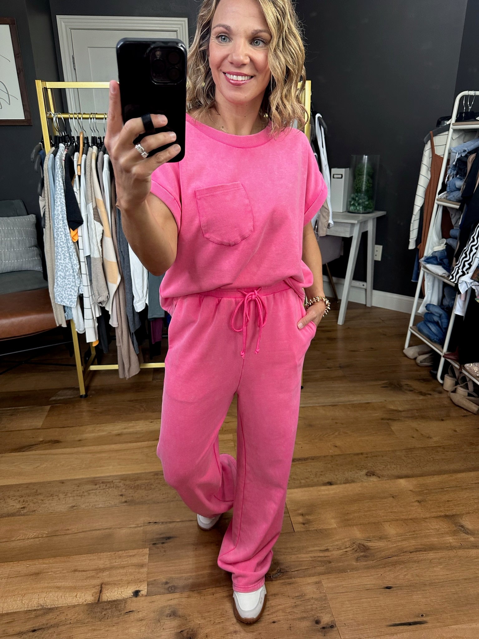 Pink World Washed Pocket Top + Pant Set - Pink-Two Piece Set-Entro-Anna Kaytes Boutique, Women's Fashion Boutique in Grinnell, Iowa