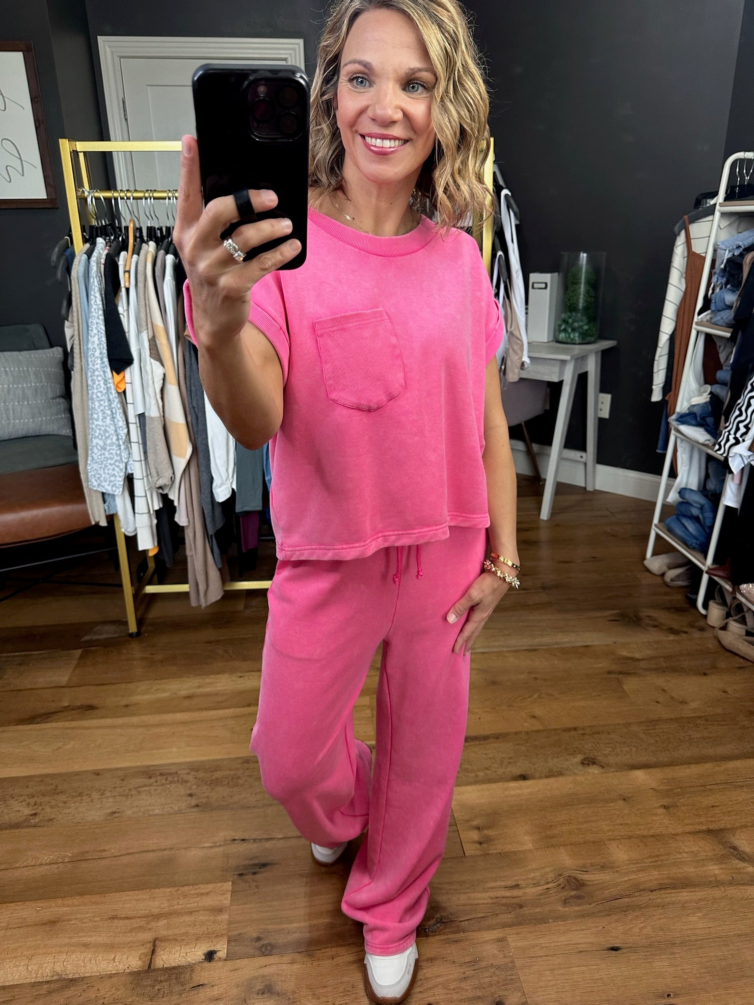 Pink World Washed Pocket Top + Pant Set - Pink-Two Piece Set-Entro-Anna Kaytes Boutique, Women's Fashion Boutique in Grinnell, Iowa