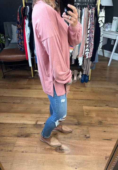 Fixated On You Balloon Sleeve Top - Heathered Mauve