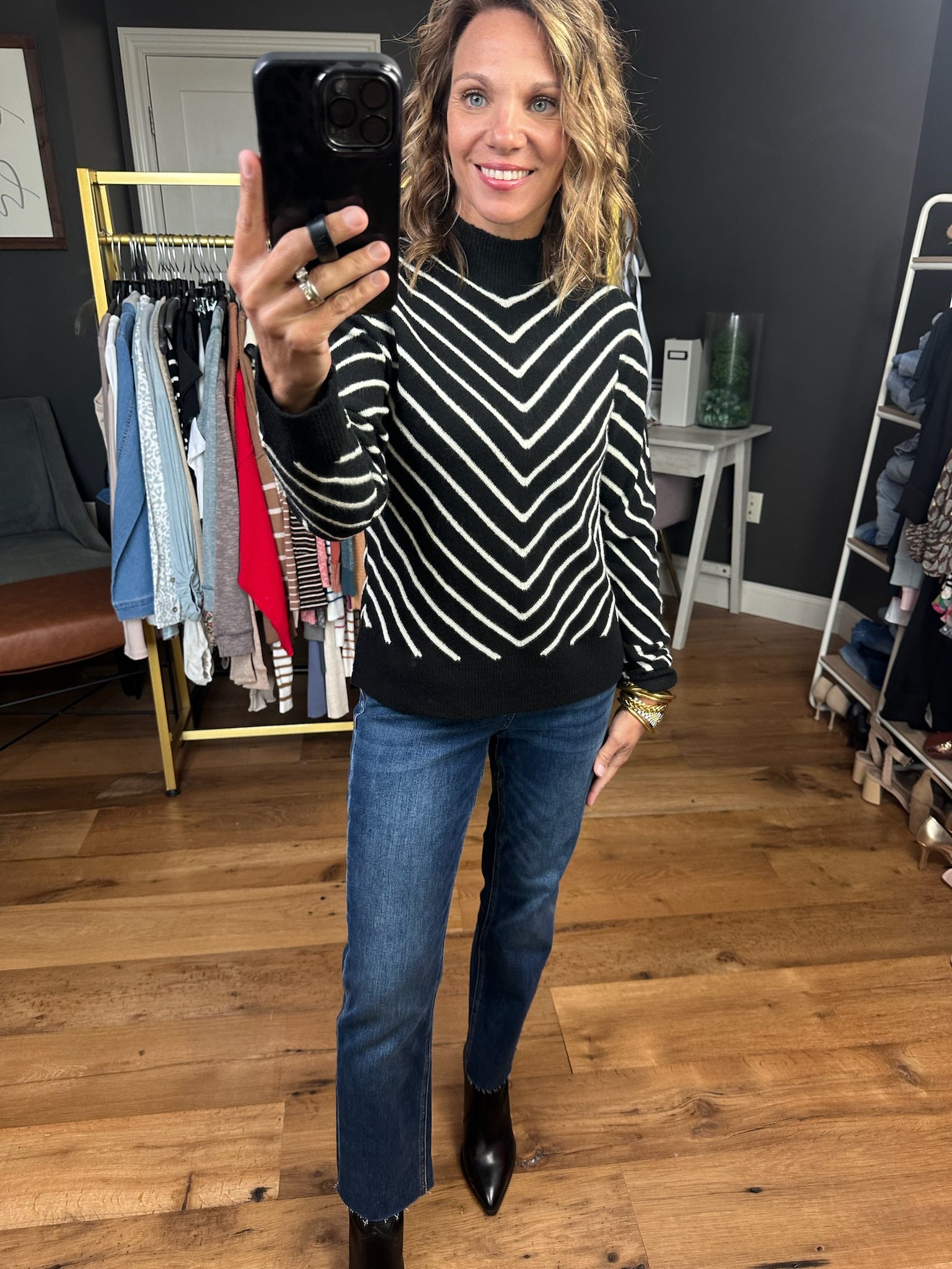 No Matter What Striped Mock-Neck Sweater - Black-Be Cool 64413-Anna Kaytes Boutique, Women's Fashion Boutique in Grinnell, Iowa