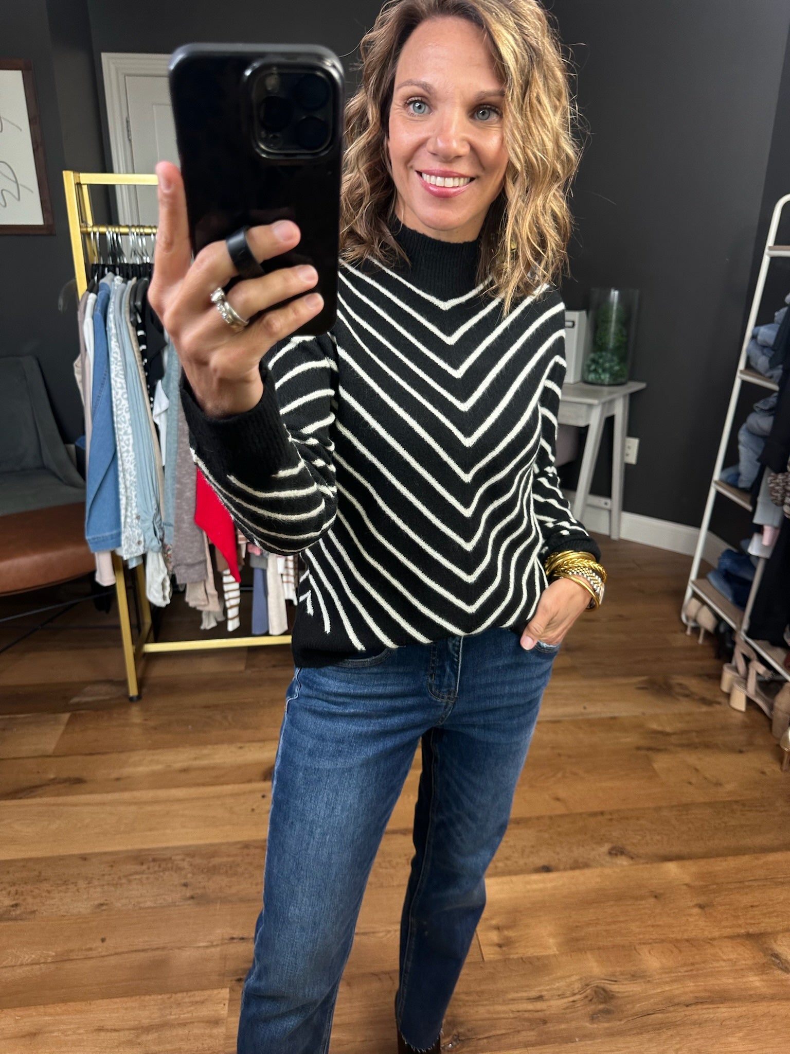 No Matter What Striped Mock-Neck Sweater - Black-Be Cool 64413-Anna Kaytes Boutique, Women's Fashion Boutique in Grinnell, Iowa