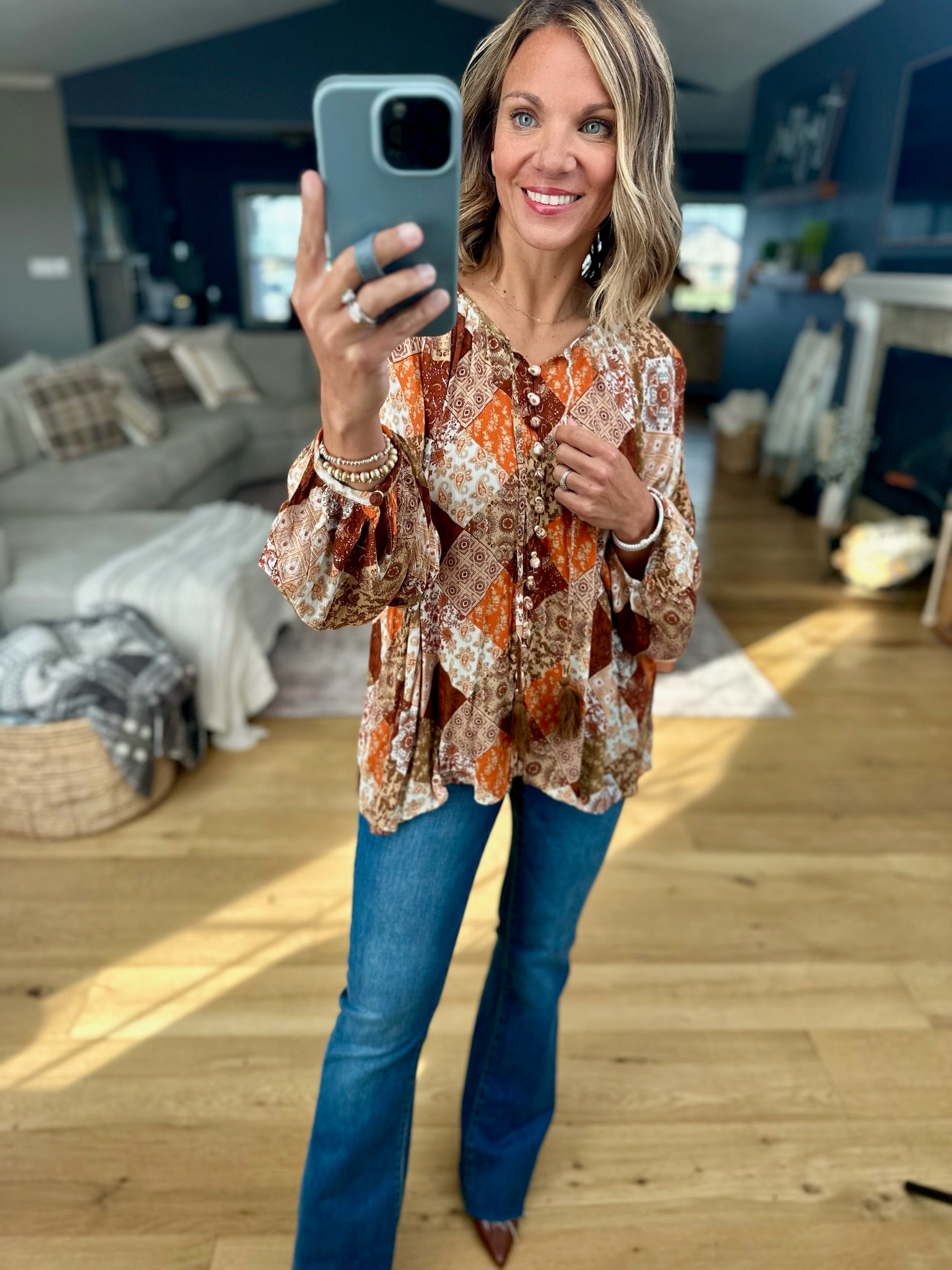 Fall Air Patchwork Button-Down Top-Dress Forum-Anna Kaytes Boutique, Women's Fashion Boutique in Grinnell, Iowa