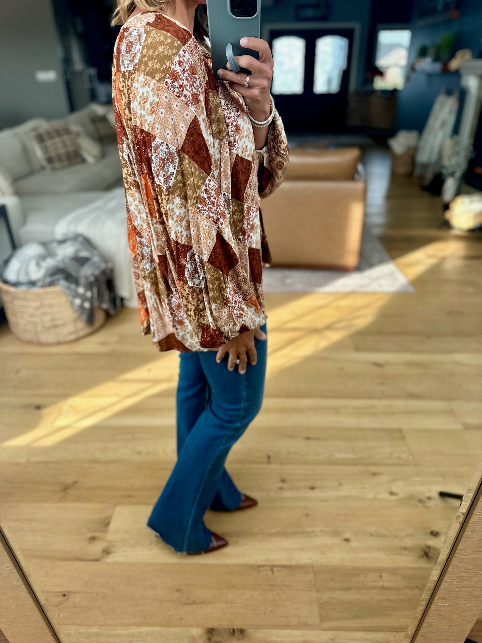 Fall Air Patchwork Button-Down Top-Dress Forum-Anna Kaytes Boutique, Women's Fashion Boutique in Grinnell, Iowa