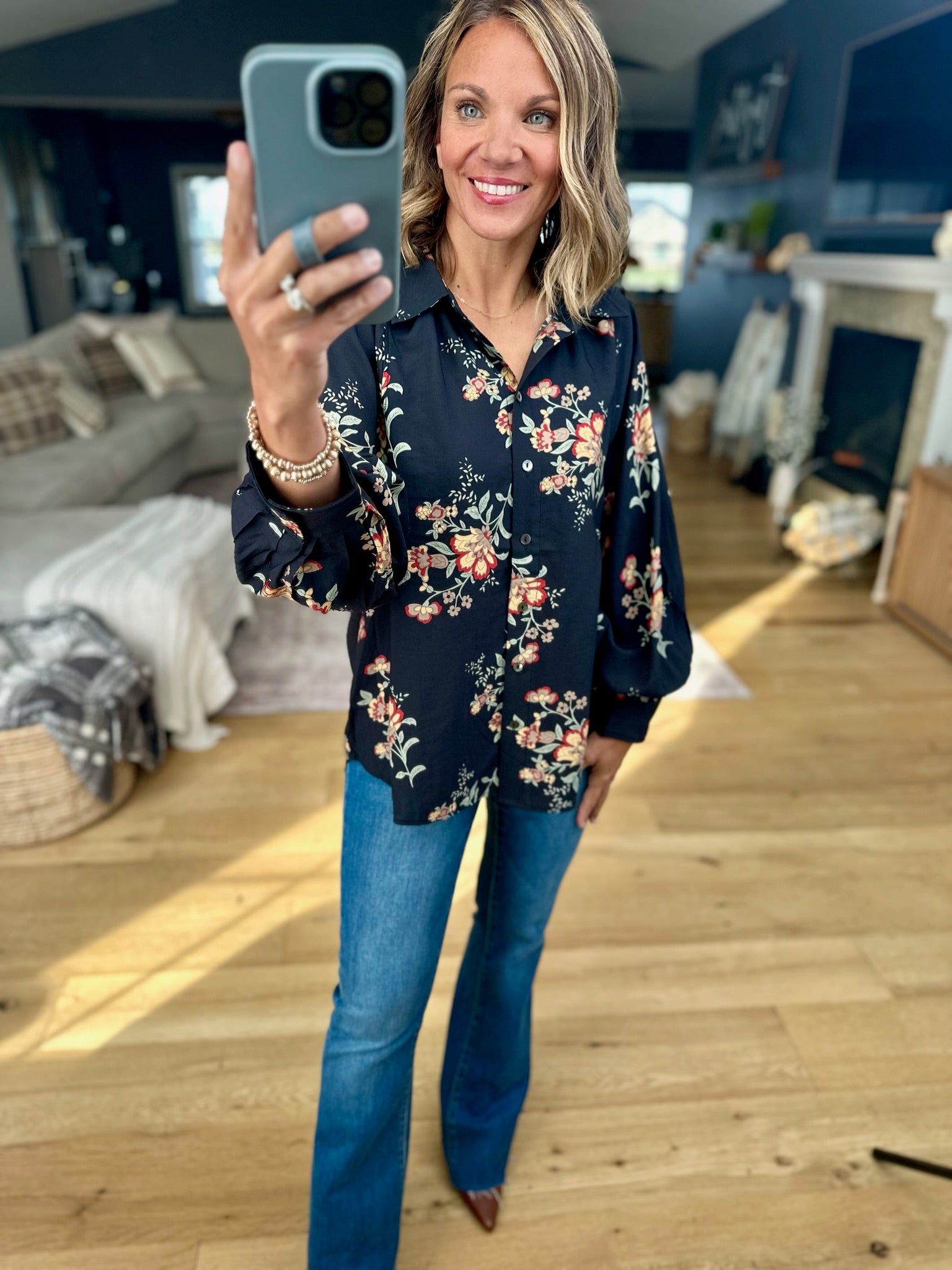 Moonlight Flowers Button-Down Top-Entro-Anna Kaytes Boutique, Women's Fashion Boutique in Grinnell, Iowa