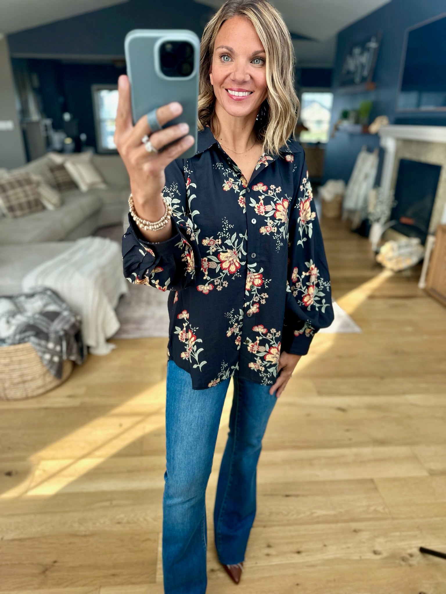 Moonlight Flowers Button-Down Top-Entro-Anna Kaytes Boutique, Women's Fashion Boutique in Grinnell, Iowa