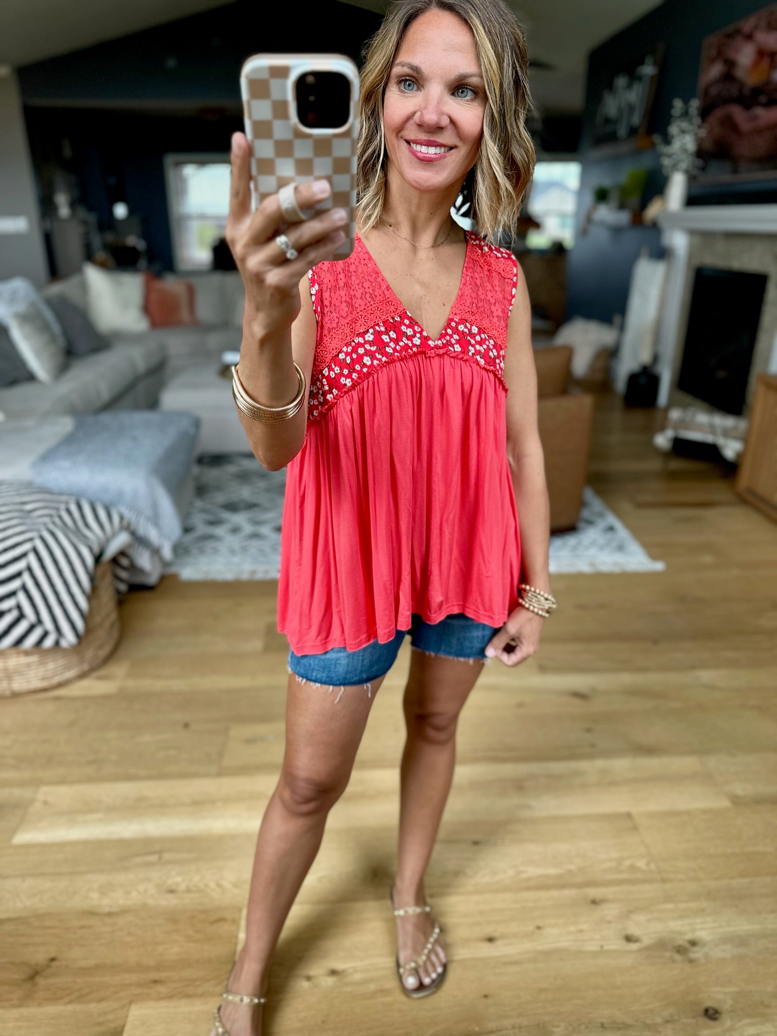 A Little Reason Lace-Detail Top - Deep Coral-POL-Anna Kaytes Boutique, Women's Fashion Boutique in Grinnell, Iowa