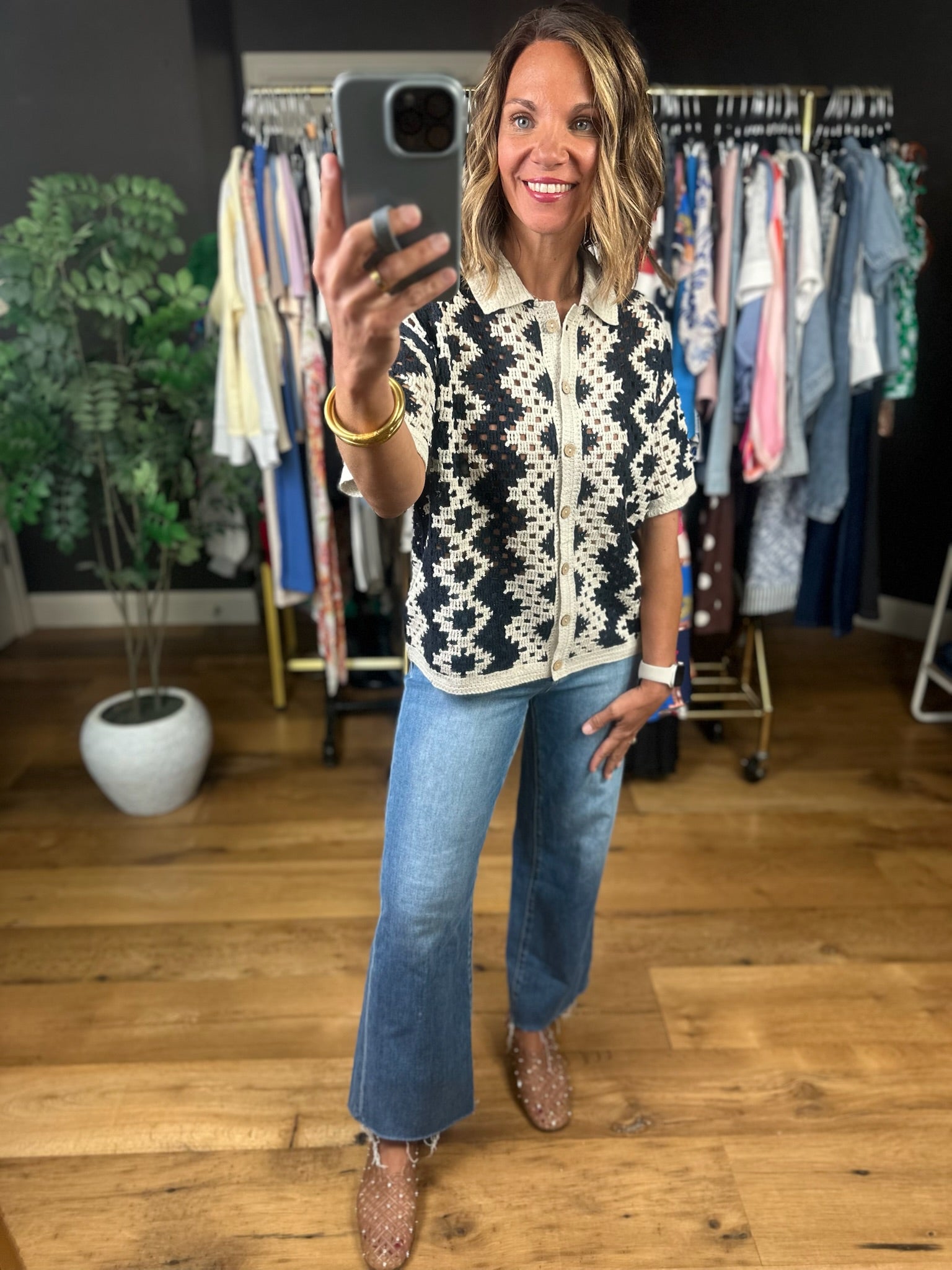 Make You Miss Me Crochet Button-Down Top-Short Sleeves-Doe & Rae-Anna Kaytes Boutique, Women's Fashion Boutique in Grinnell, Iowa