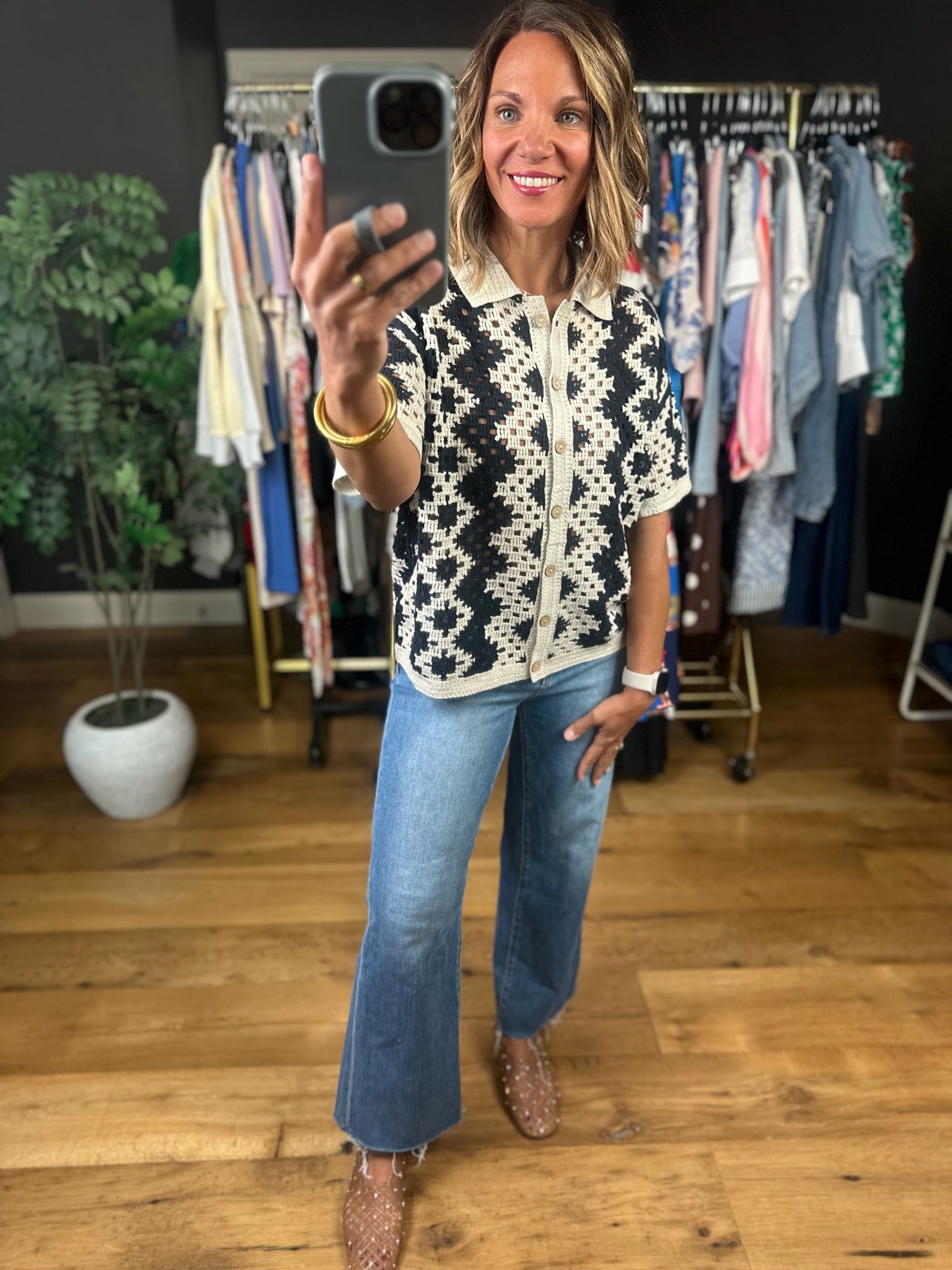 Make You Miss Me Crochet Button-Down Top-Short Sleeves-Doe & Rae-Anna Kaytes Boutique, Women's Fashion Boutique in Grinnell, Iowa