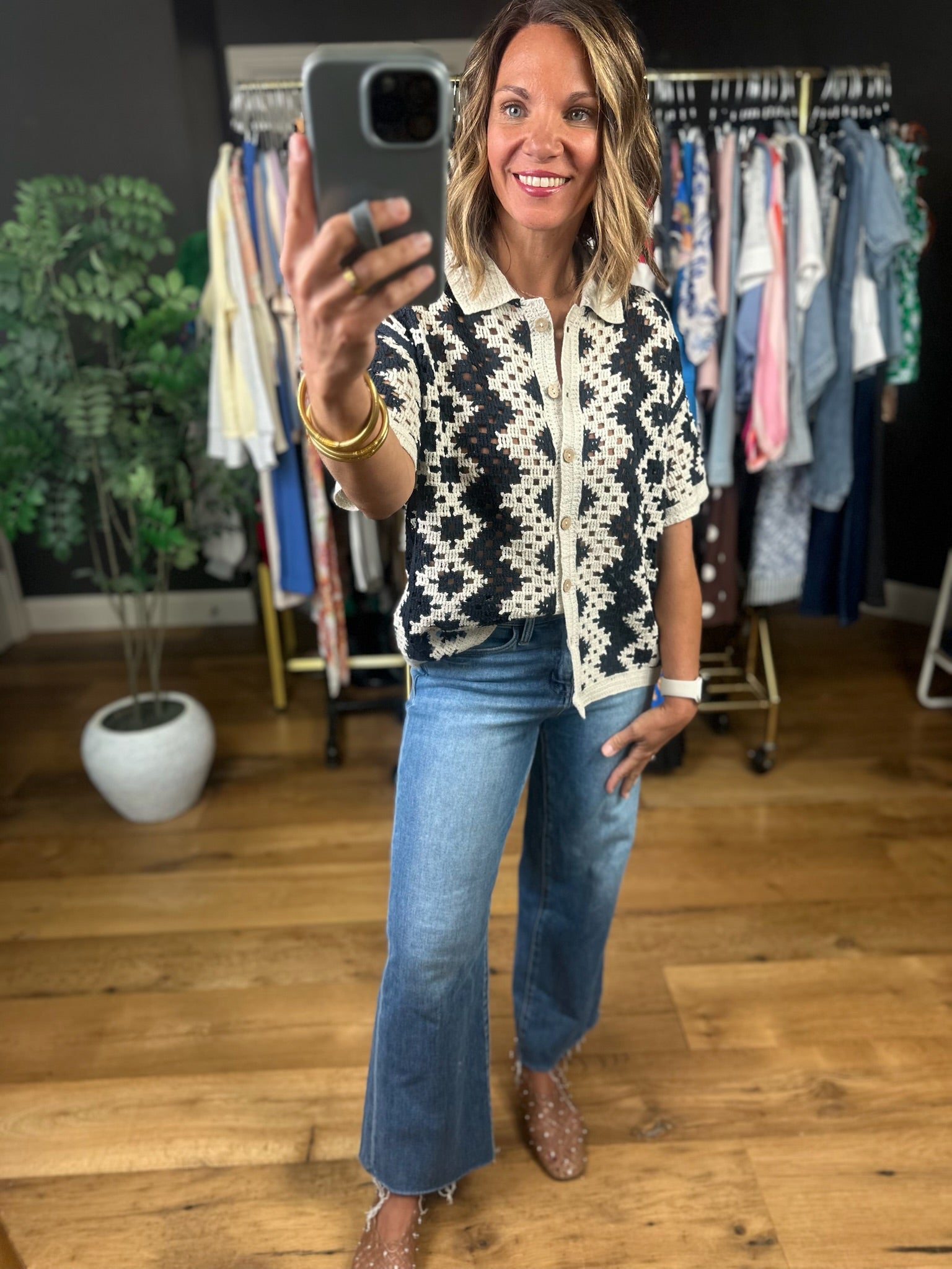Make You Miss Me Crochet Button-Down Top-Short Sleeves-Doe & Rae-Anna Kaytes Boutique, Women's Fashion Boutique in Grinnell, Iowa