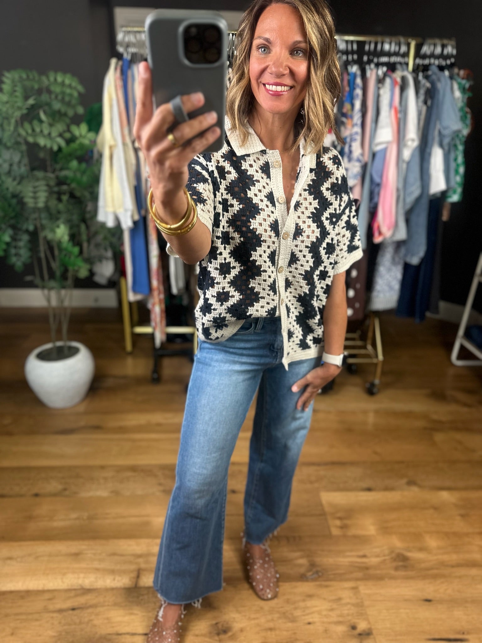 Make You Miss Me Crochet Button-Down Top-Short Sleeves-Doe & Rae-Anna Kaytes Boutique, Women's Fashion Boutique in Grinnell, Iowa