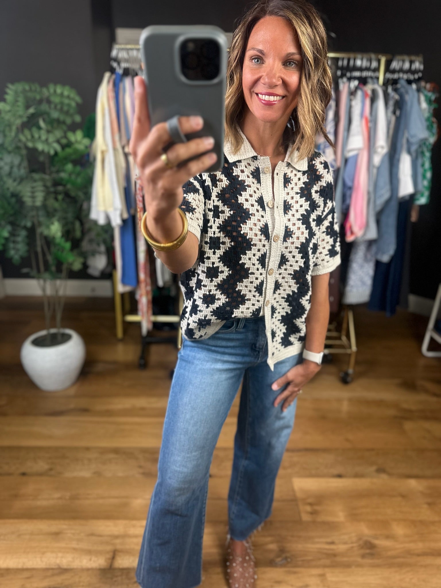 Make You Miss Me Crochet Button-Down Top-Short Sleeves-Doe & Rae-Anna Kaytes Boutique, Women's Fashion Boutique in Grinnell, Iowa