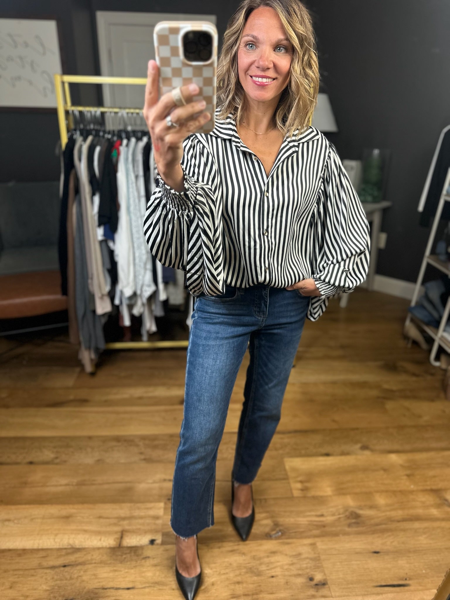 Things I Know Striped Balloon-Sleeve Button-Down Top - Black-Eesome-Anna Kaytes Boutique, Women's Fashion Boutique in Grinnell, Iowa