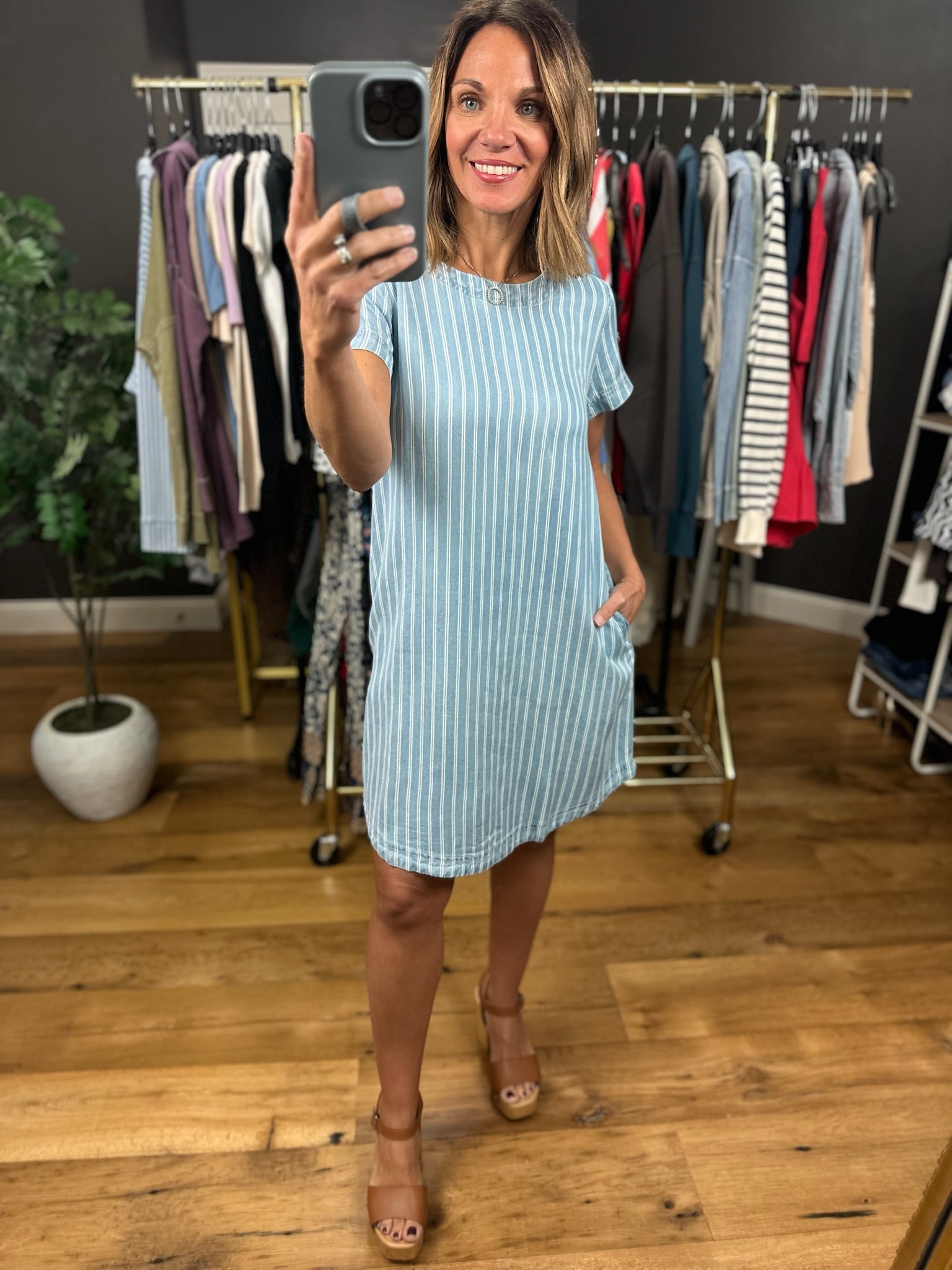 Where I'm At Striped Chambray Dress-Dresses-Blu Pepper-Anna Kaytes Boutique, Women's Fashion Boutique in Grinnell, Iowa