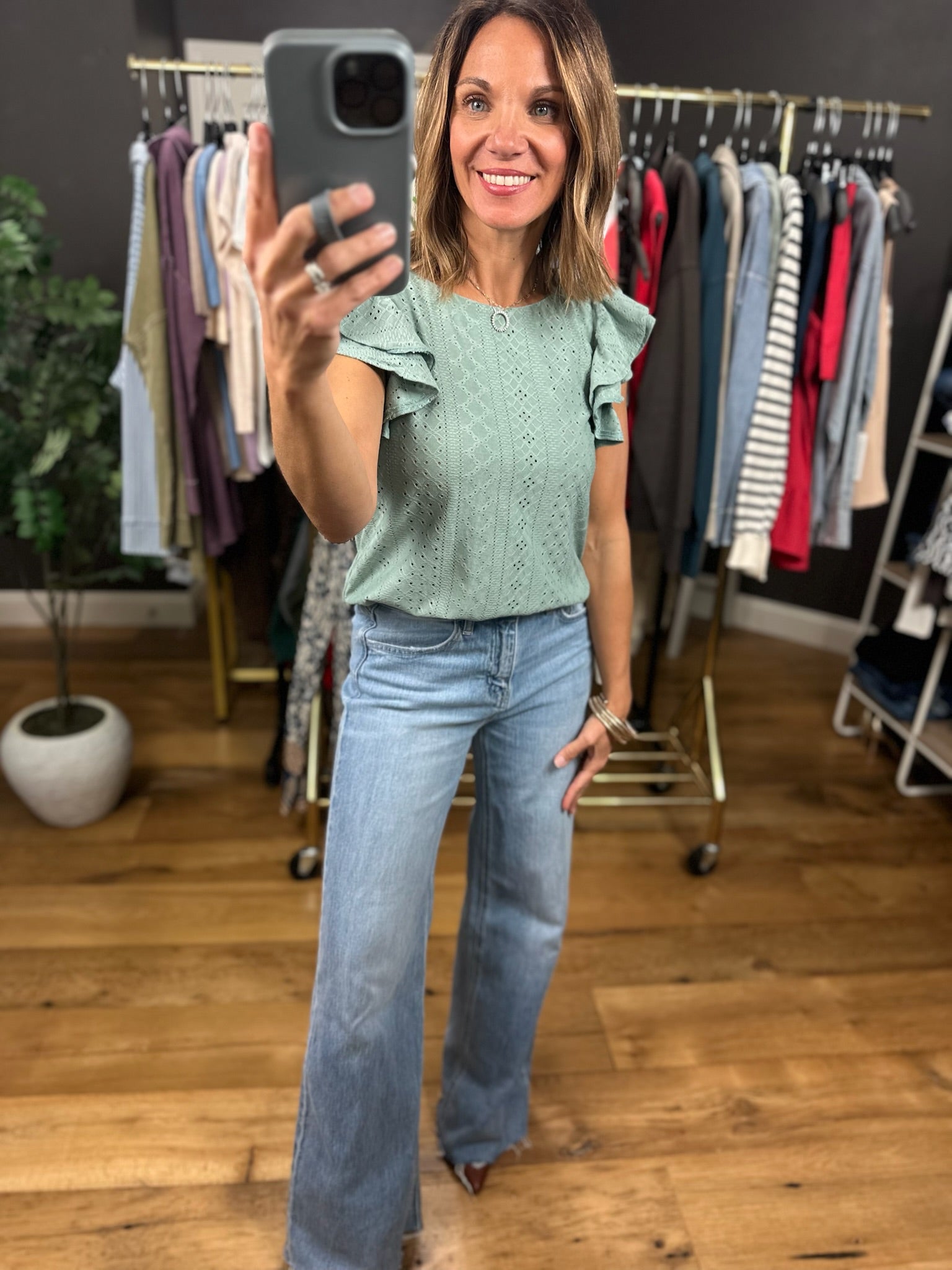 Spring Ahead Eyelet Flutter Sleeve Top-Short Sleeves-Hem & Thread-Anna Kaytes Boutique, Women's Fashion Boutique in Grinnell, Iowa