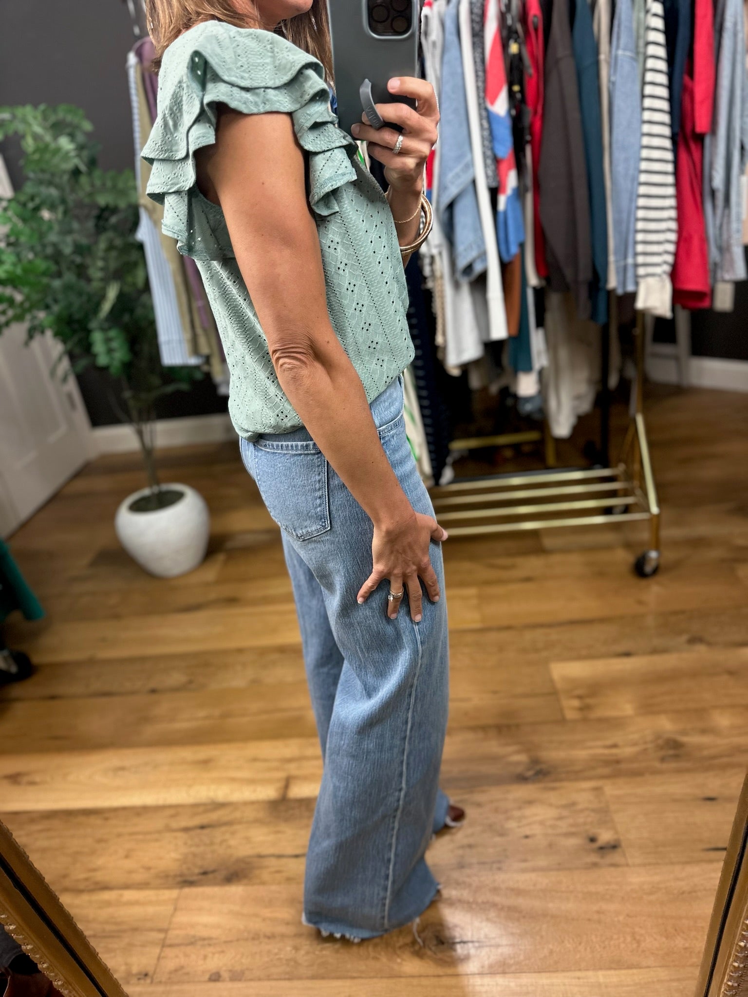 Spring Ahead Eyelet Flutter Sleeve Top-Short Sleeves-Hem & Thread-Anna Kaytes Boutique, Women's Fashion Boutique in Grinnell, Iowa