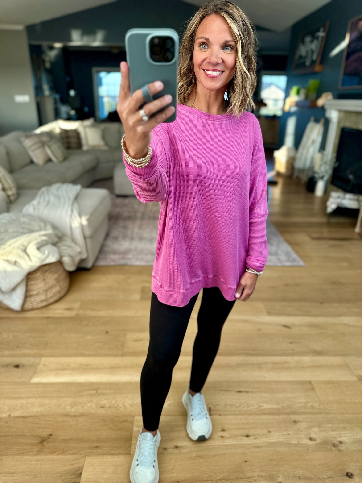 **Make It Happen Waffle Long Sleeve Top-Mono B-Anna Kaytes Boutique, Women's Fashion Boutique in Grinnell, Iowa