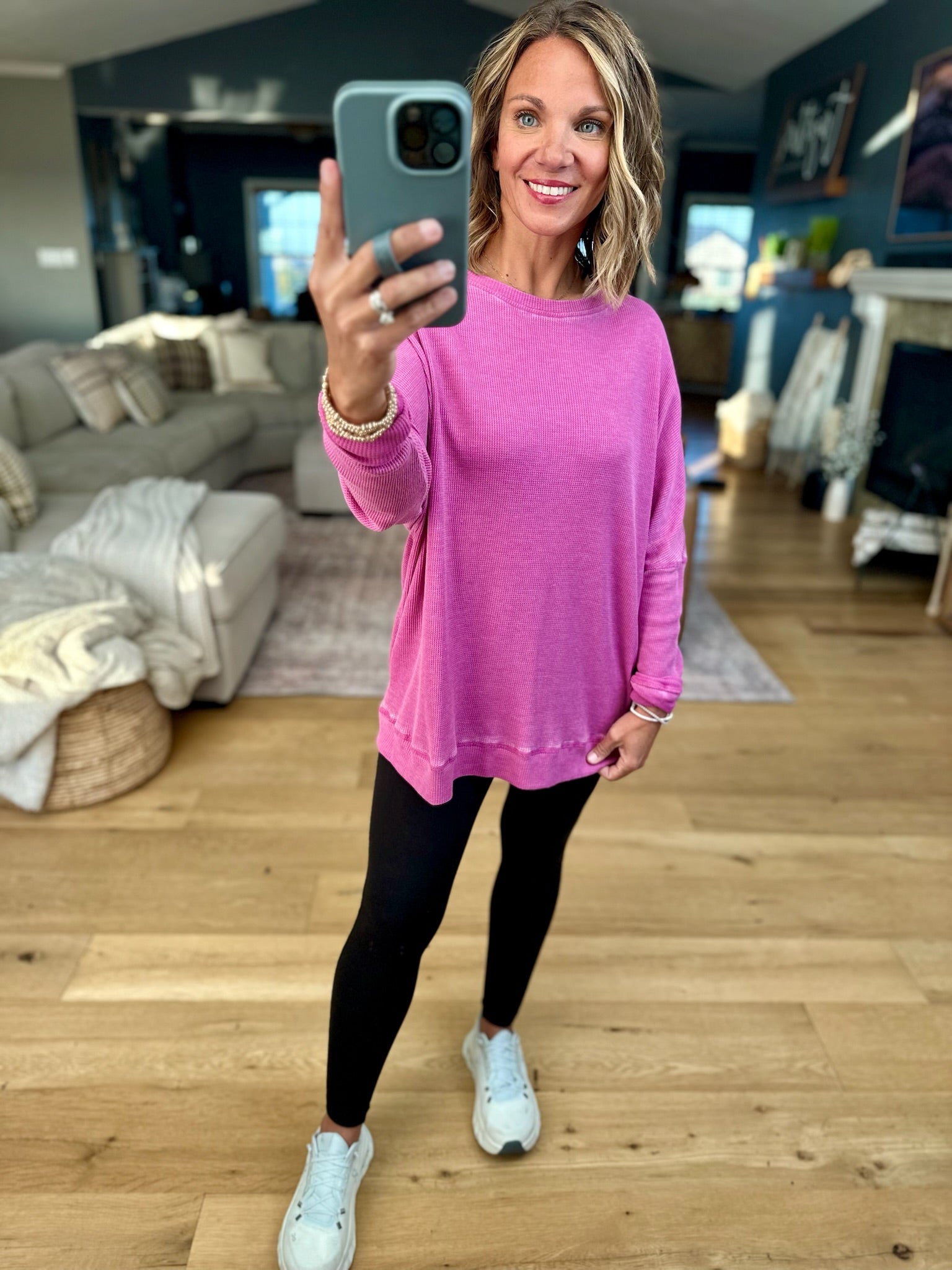 **Make It Happen Waffle Long Sleeve Top-Mono B-Anna Kaytes Boutique, Women's Fashion Boutique in Grinnell, Iowa