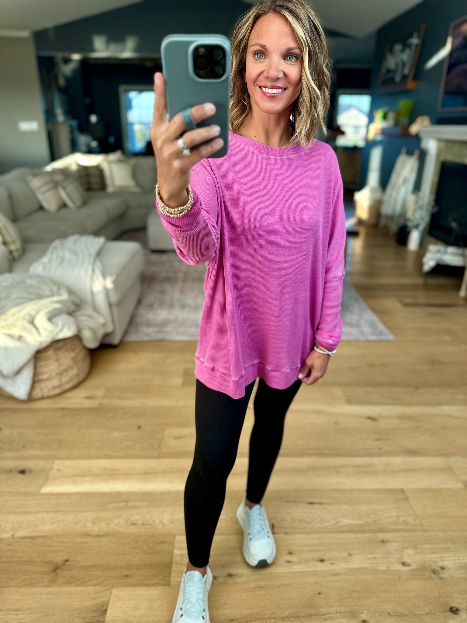 **Make It Happen Waffle Long Sleeve Top-Mono B-Anna Kaytes Boutique, Women's Fashion Boutique in Grinnell, Iowa