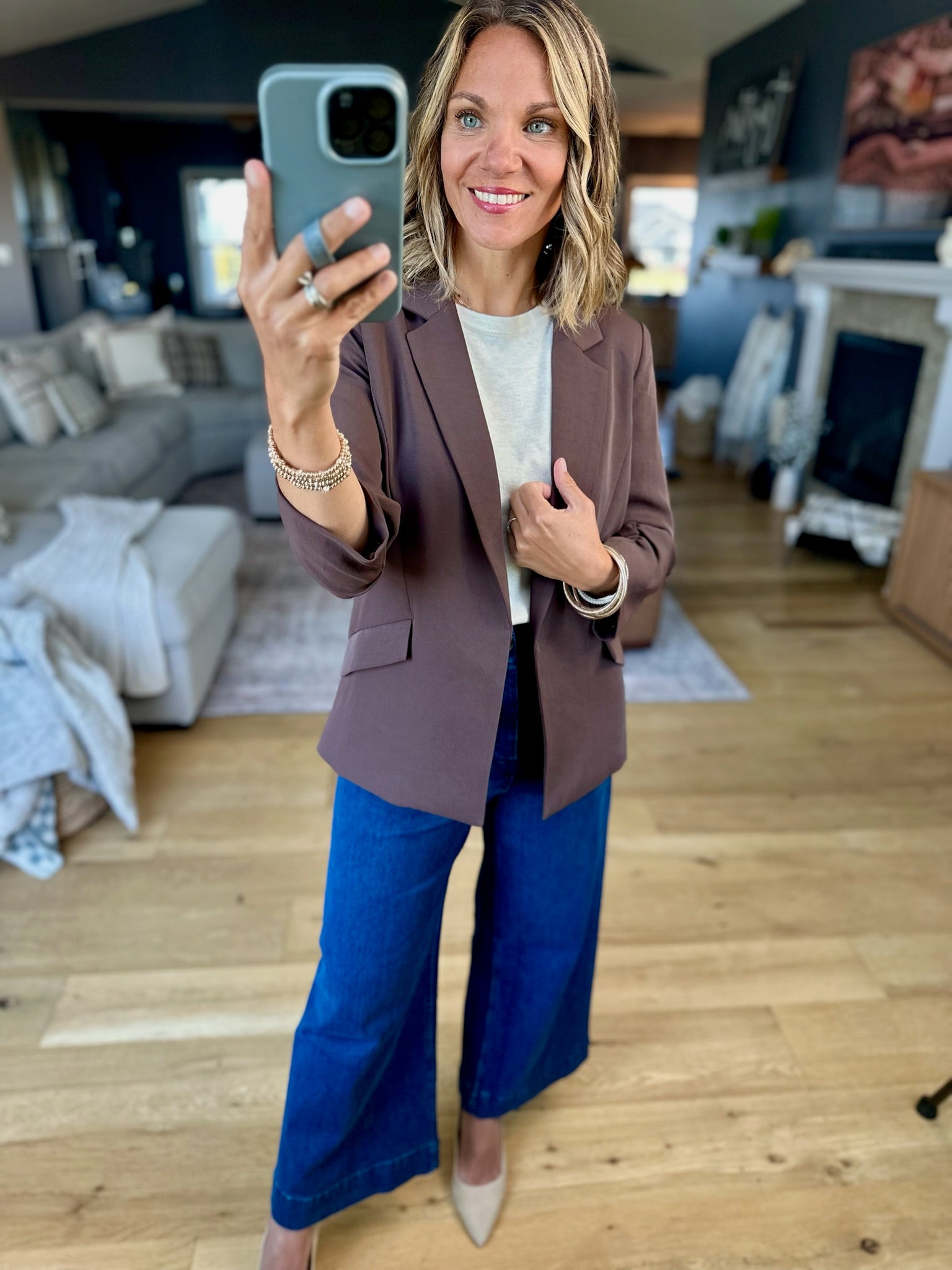 Daytime Decisions 3/4 Sleeve Blazer-Skies Are Blue-Anna Kaytes Boutique, Women's Fashion Boutique in Grinnell, Iowa