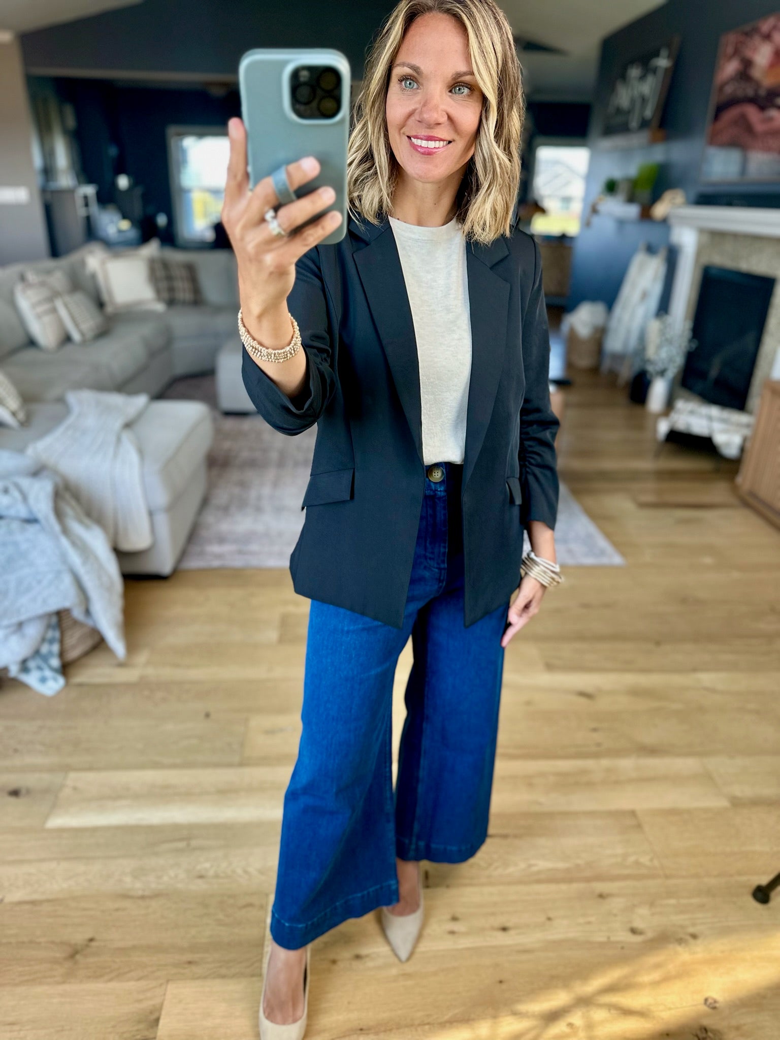 Daytime Decisions 3/4 Sleeve Blazer-Skies Are Blue-Anna Kaytes Boutique, Women's Fashion Boutique in Grinnell, Iowa