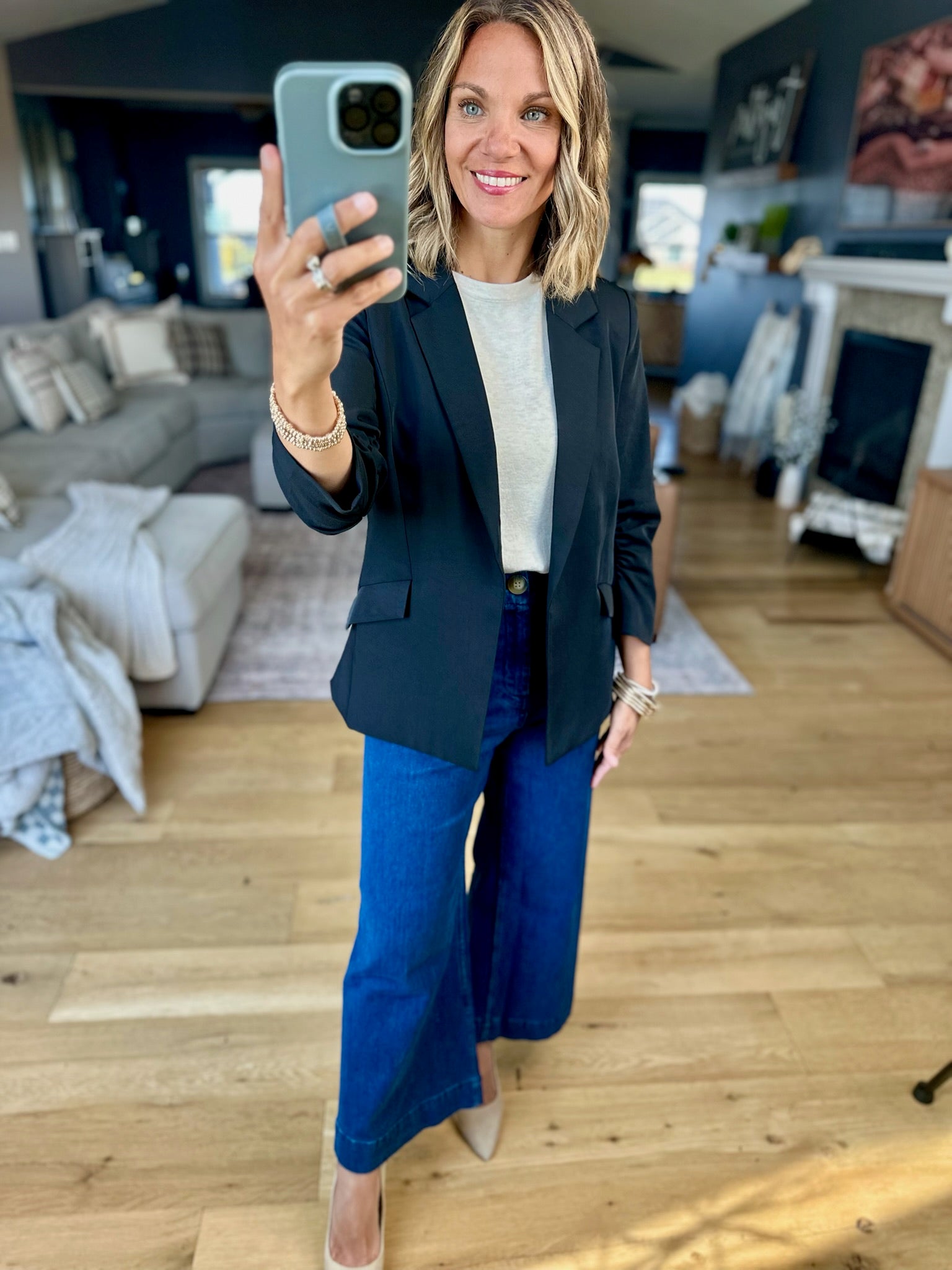 Daytime Decisions 3/4 Sleeve Blazer-Skies Are Blue-Anna Kaytes Boutique, Women's Fashion Boutique in Grinnell, Iowa