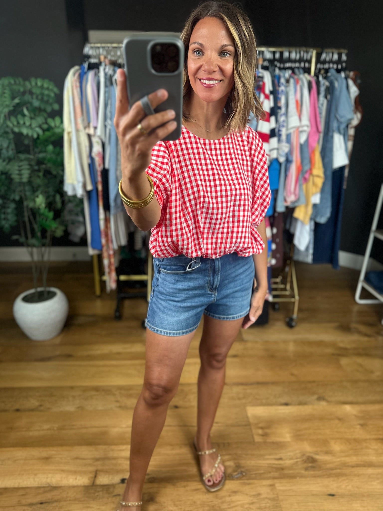 Weekend Stroll Gingham Bubble-Hem Top-Skirts-Entro-Anna Kaytes Boutique, Women's Fashion Boutique in Grinnell, Iowa
