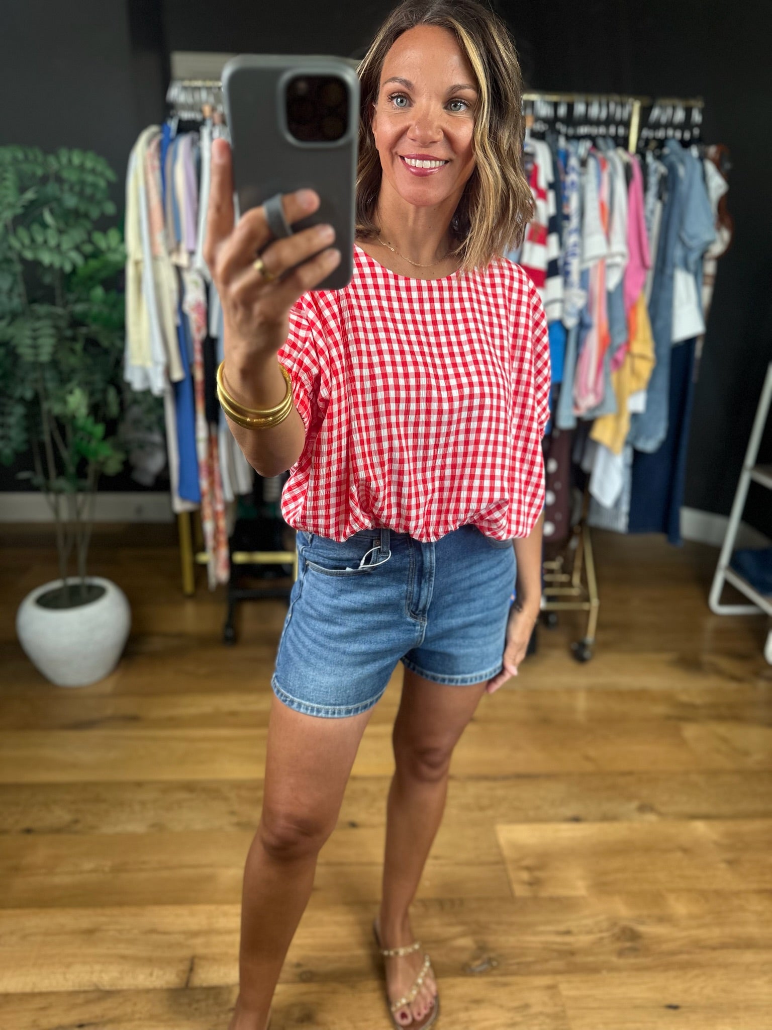 Weekend Stroll Gingham Bubble-Hem Top-Skirts-Entro-Anna Kaytes Boutique, Women's Fashion Boutique in Grinnell, Iowa