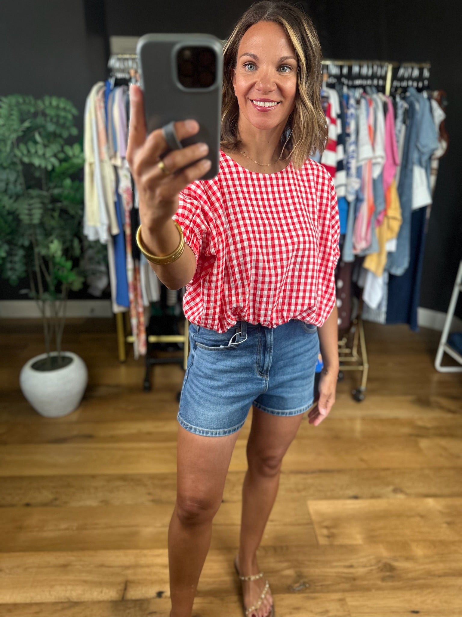 Weekend Stroll Gingham Bubble-Hem Top-Skirts-Entro-Anna Kaytes Boutique, Women's Fashion Boutique in Grinnell, Iowa