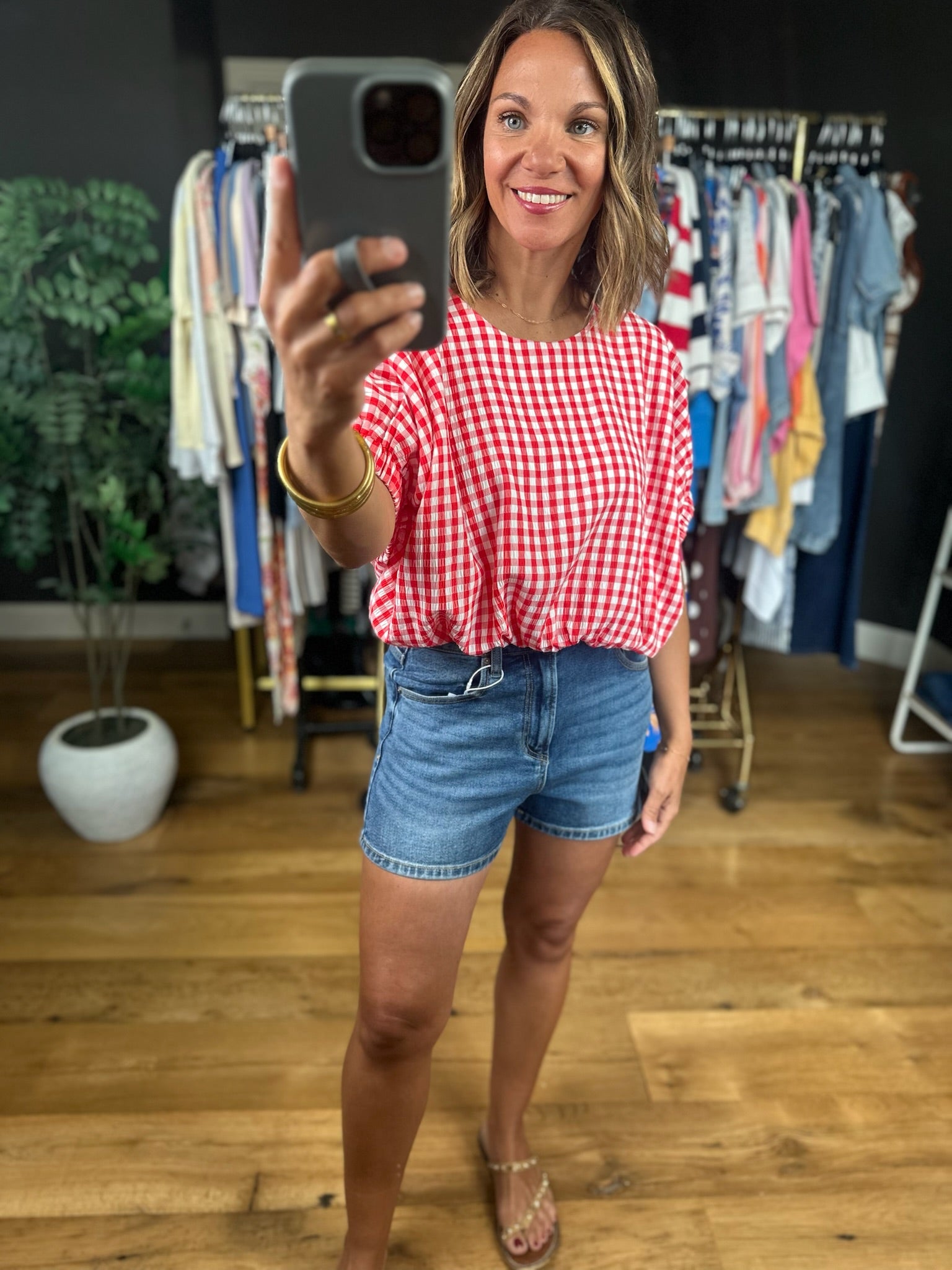 Weekend Stroll Gingham Bubble-Hem Top-Skirts-Entro-Anna Kaytes Boutique, Women's Fashion Boutique in Grinnell, Iowa