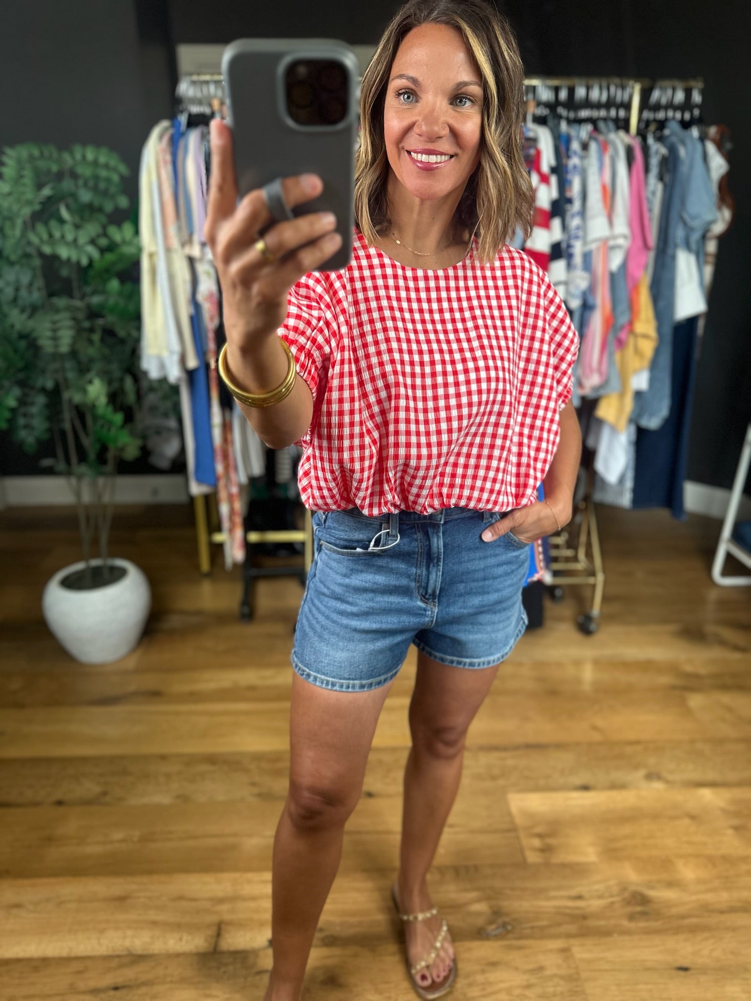 Weekend Stroll Gingham Bubble-Hem Top-Skirts-Entro-Anna Kaytes Boutique, Women's Fashion Boutique in Grinnell, Iowa
