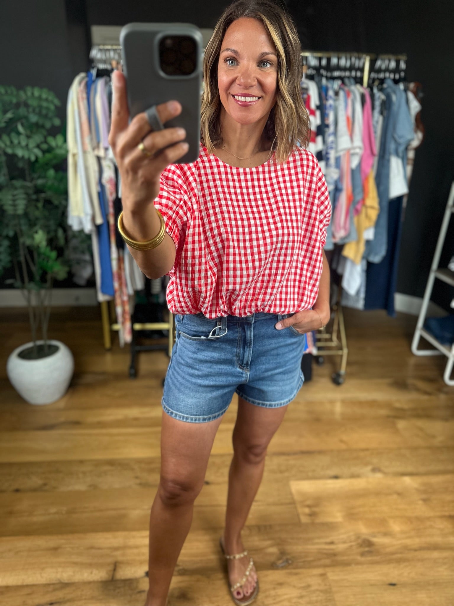 Weekend Stroll Gingham Bubble-Hem Top-Skirts-Entro-Anna Kaytes Boutique, Women's Fashion Boutique in Grinnell, Iowa