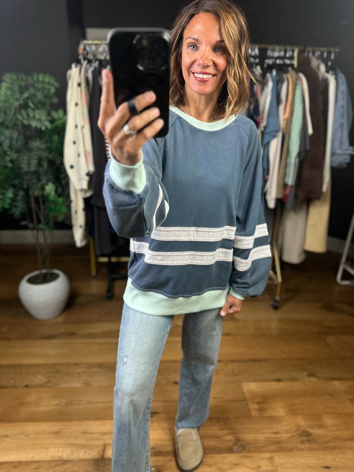 Sure Of This Striped Crew Sweatshirt-Sweaters-Easel-Anna Kaytes Boutique, Women's Fashion Boutique in Grinnell, Iowa
