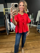 Catching Up Tie-Front Peplum Top - Red-Jodifl-Anna Kaytes Boutique, Women's Fashion Boutique in Grinnell, Iowa