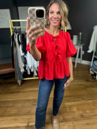 Catching Up Tie-Front Peplum Top - Red-Jodifl-Anna Kaytes Boutique, Women's Fashion Boutique in Grinnell, Iowa