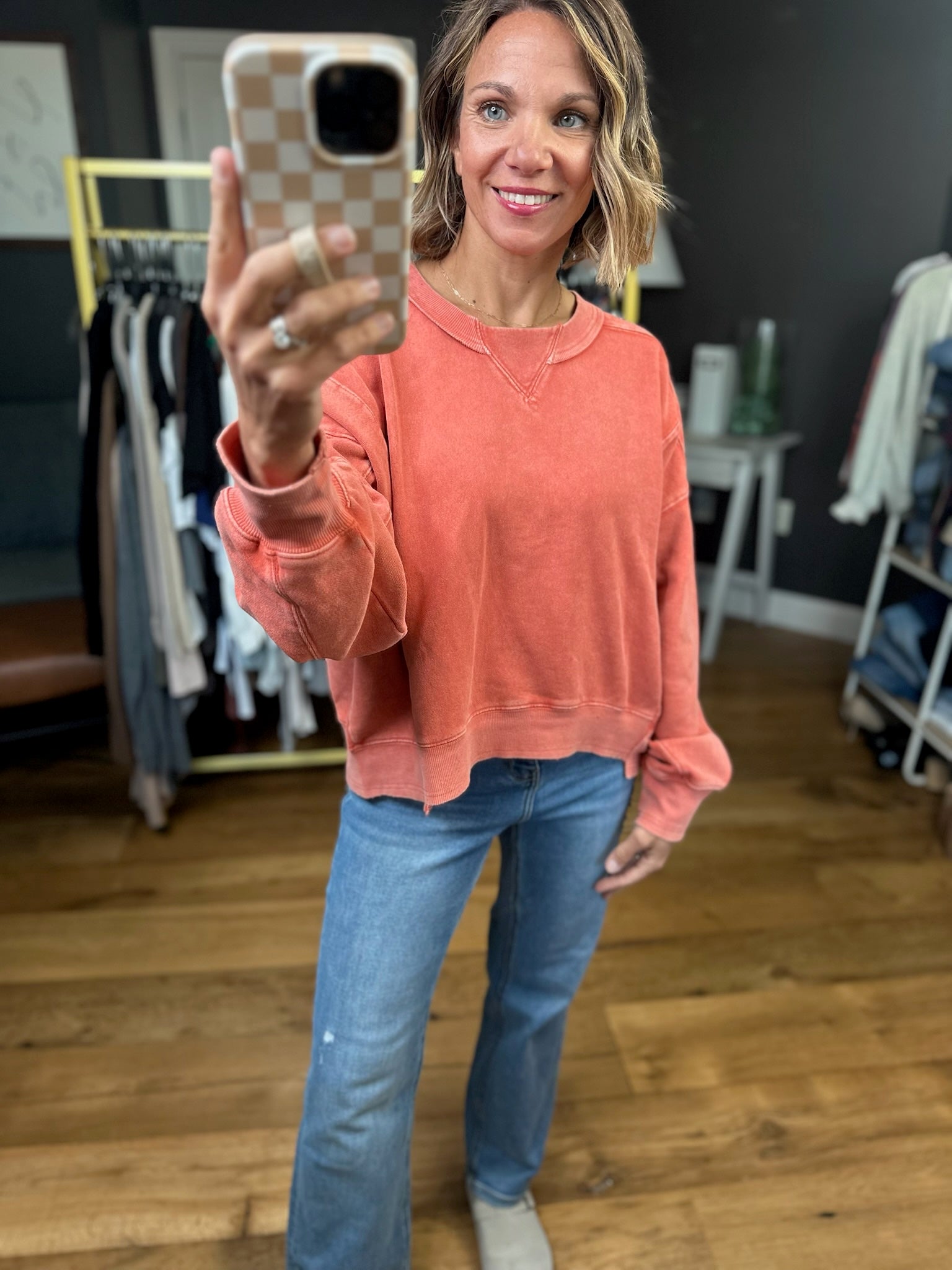 More Important Raw Hem Crewneck Top - Burnt Orange-Easel-Anna Kaytes Boutique, Women's Fashion Boutique in Grinnell, Iowa